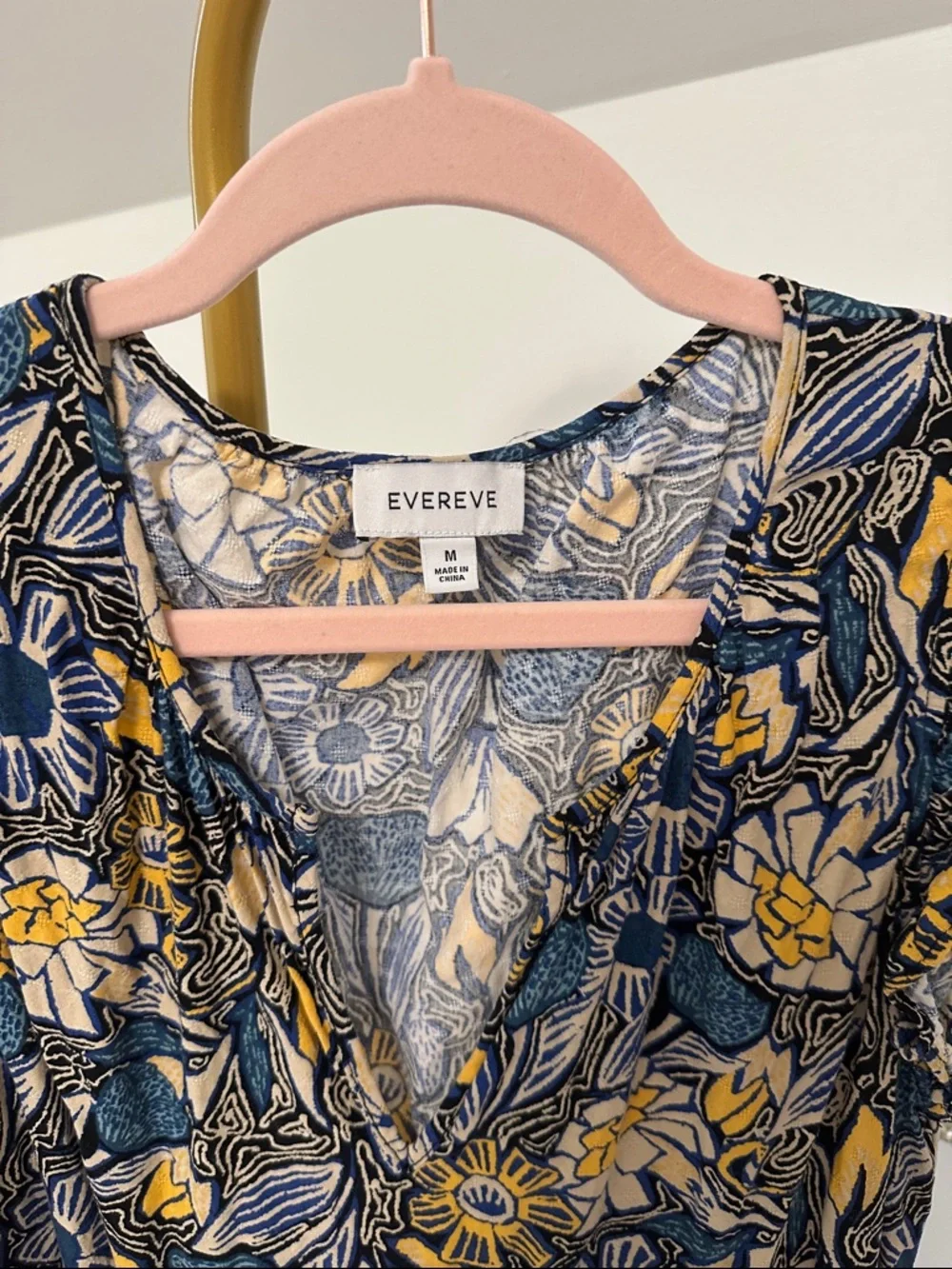 Evereve Navy Floral V-Neck Mini Dress with Mustard Accents - Picture 2 of 8